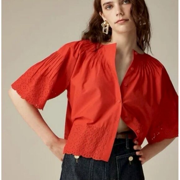 J.CREW Jolie Top Eyelet Cotton Poplin Pintuck Scalloped Edges Red Size M - Picture 1 of 11